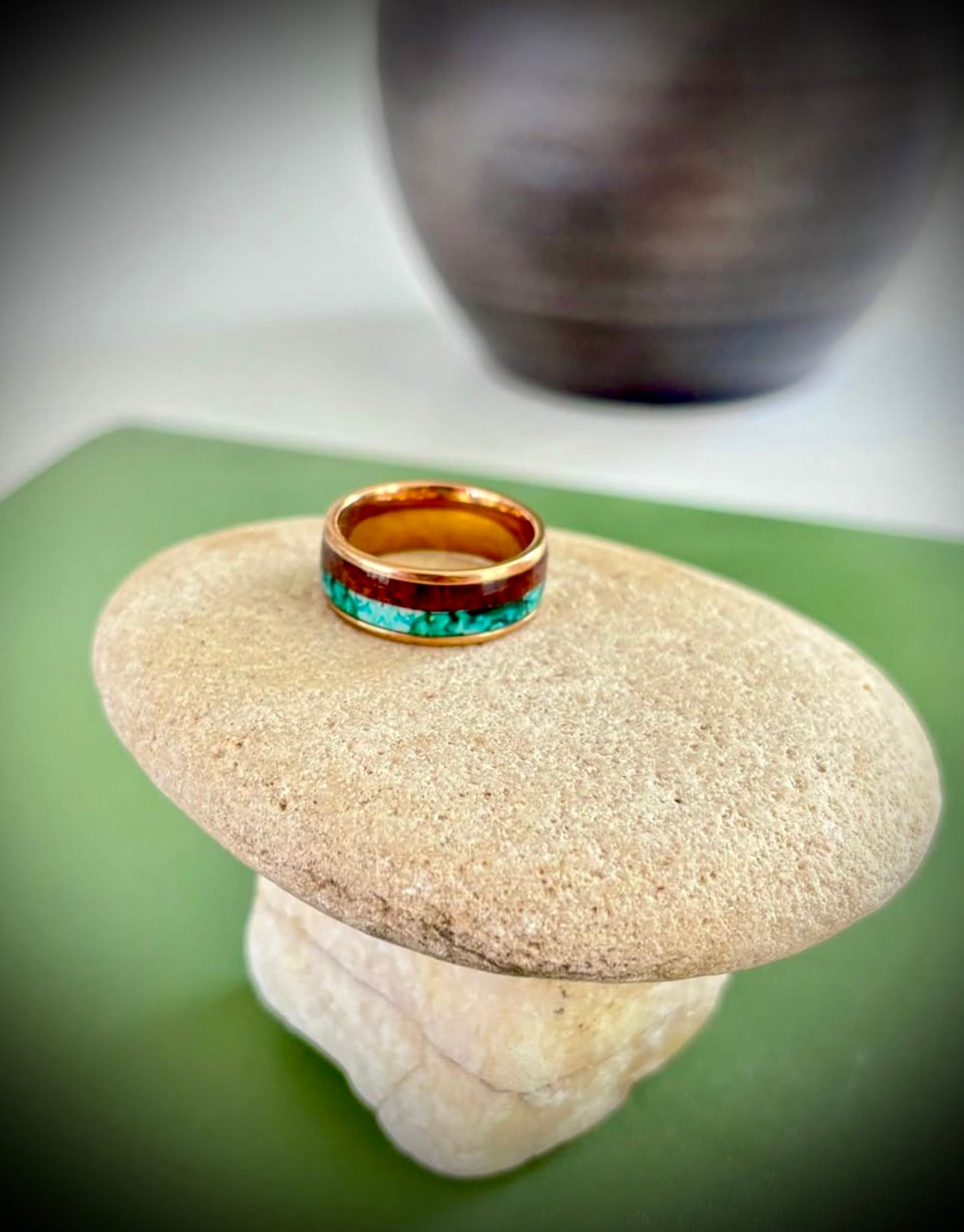 Gold tone ring with wood and turquoise inlay