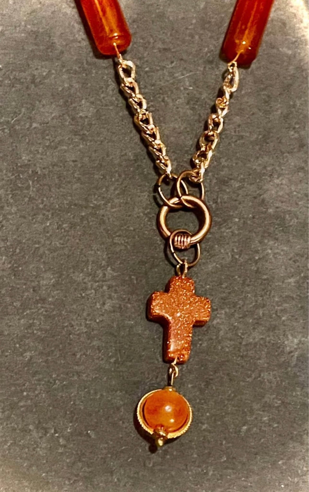 Golden sand stone Cross with coffee mantra beads, chain necklace.