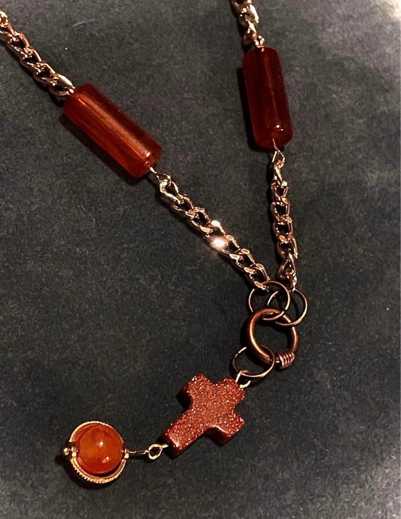 Golden sand stone Cross with coffee mantra beads, chain necklace.