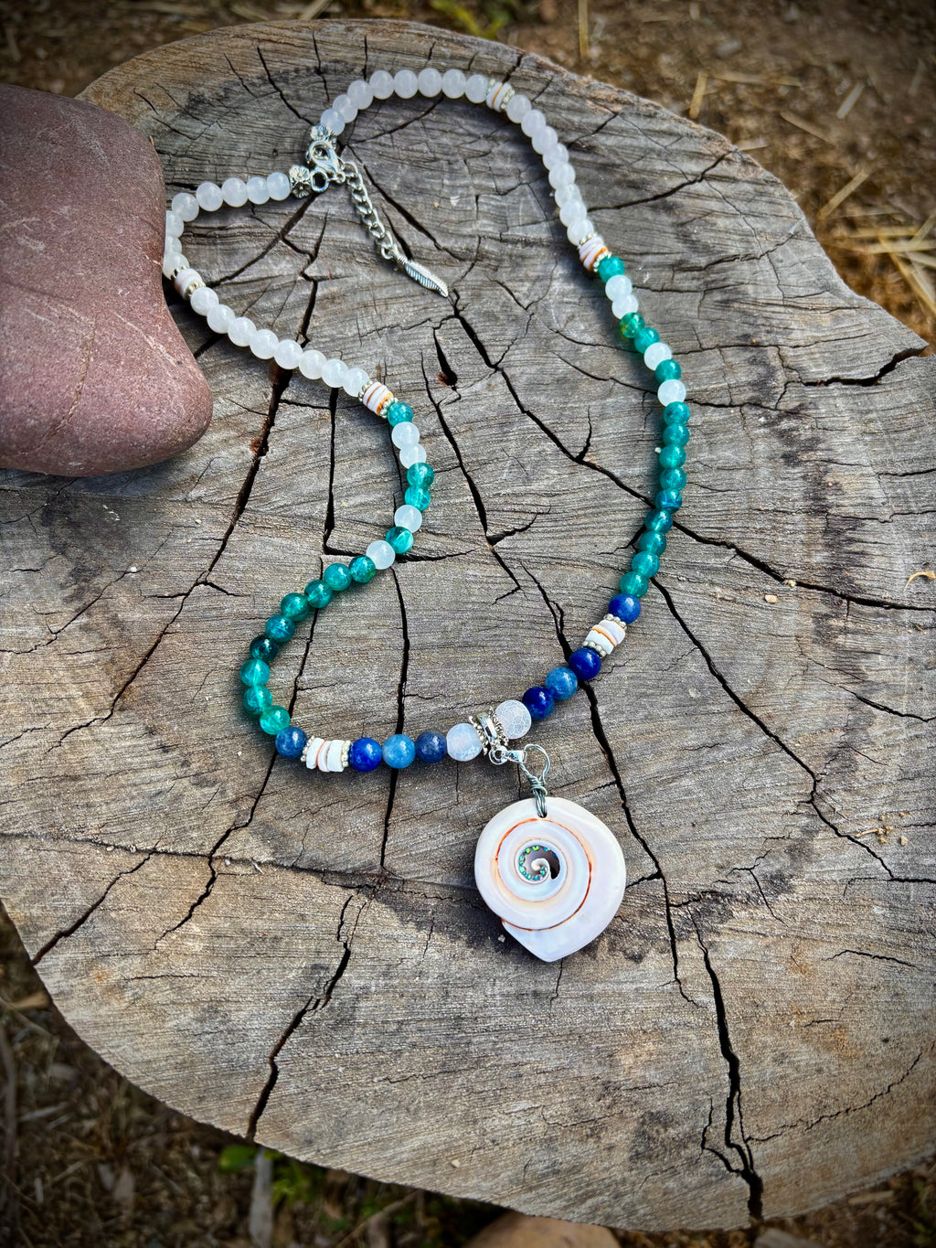 Blended blue sea glass, seashell necklace