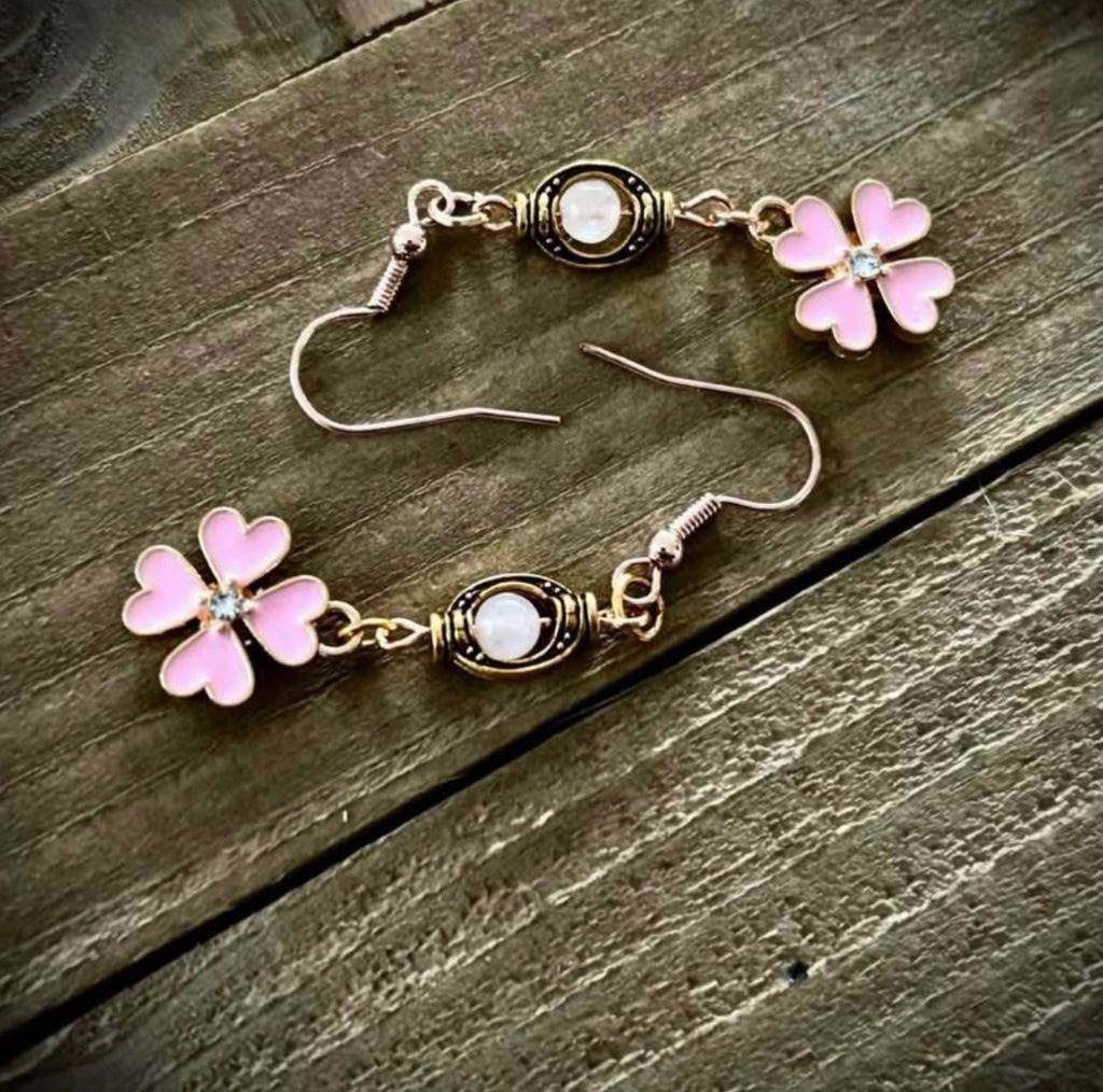 Pink clover drop hook earrings