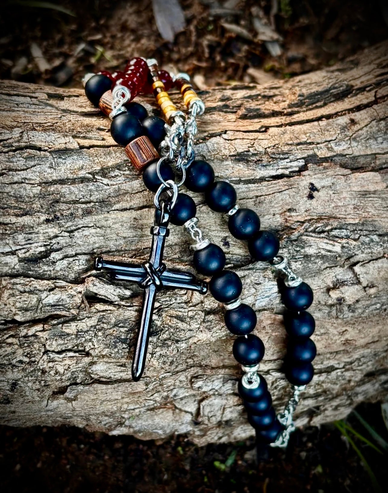 Black agate nail cross necklace