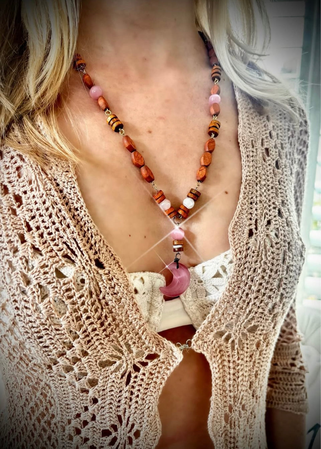 Pink cats eye, crescent moon with wooden chain