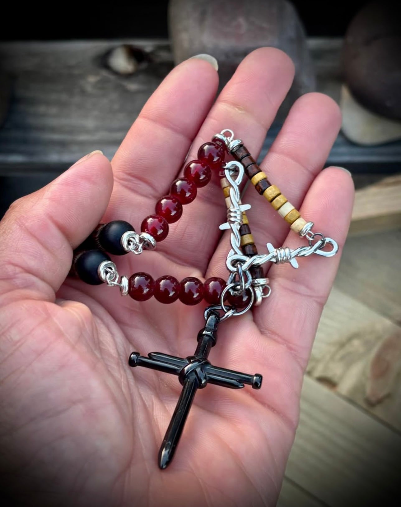 Black agate nail cross necklace