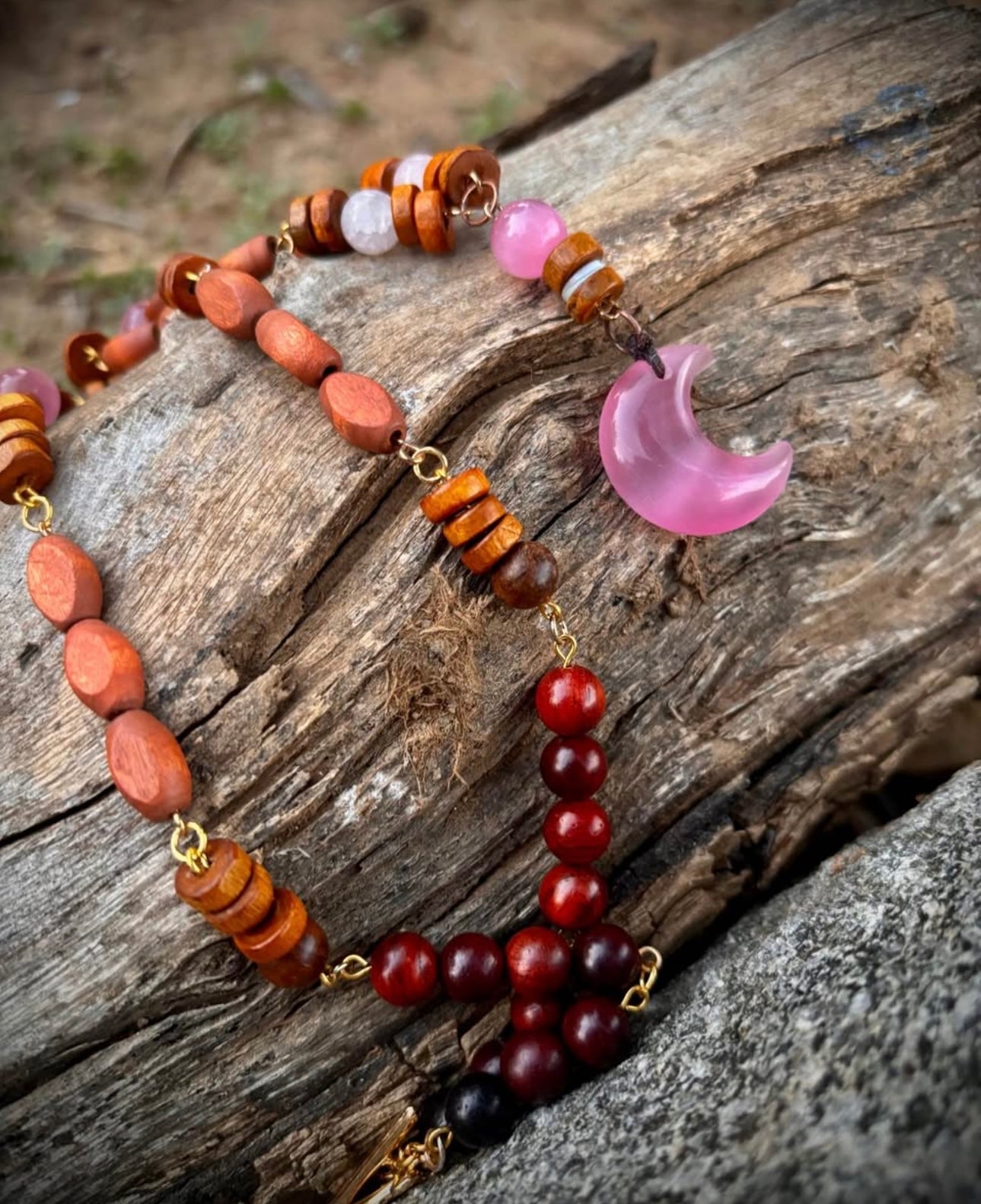 Pink cats eye, crescent moon with wooden chain