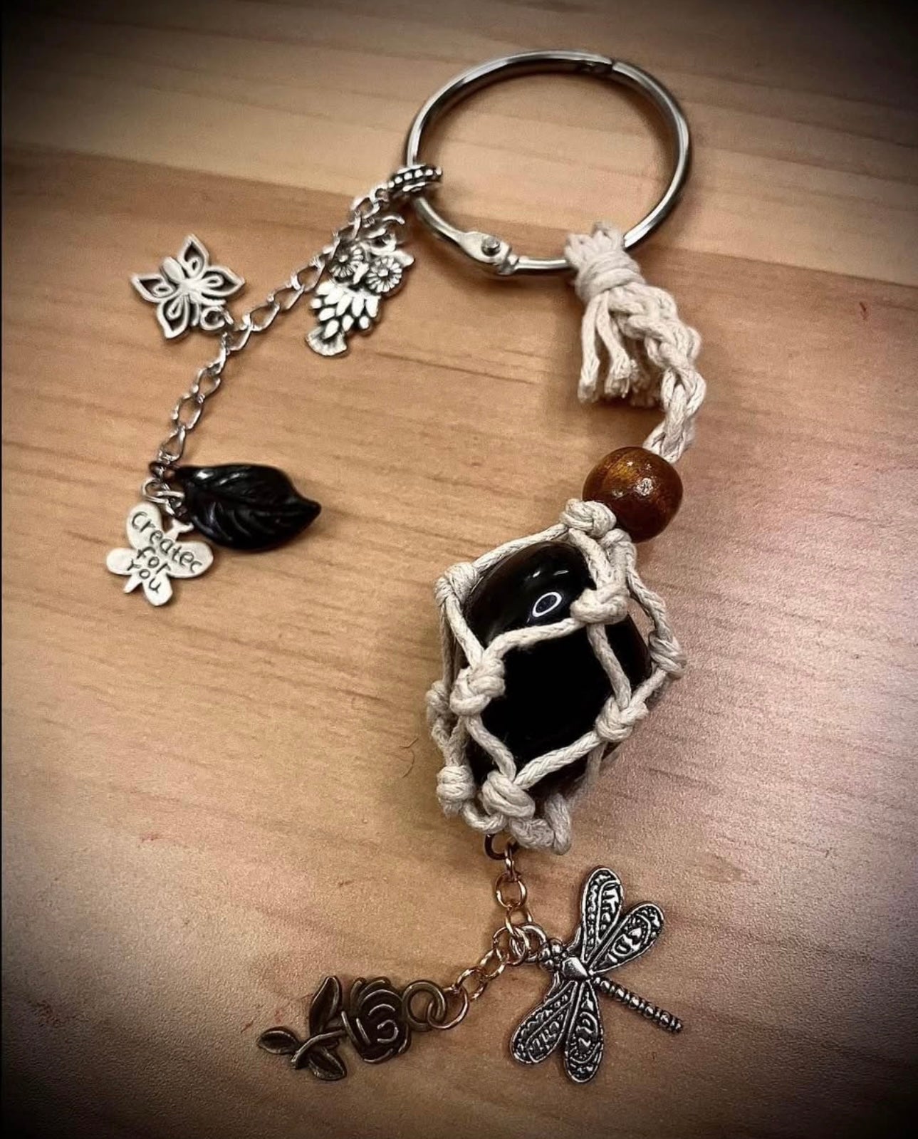 Black obsidian/woodland keychain