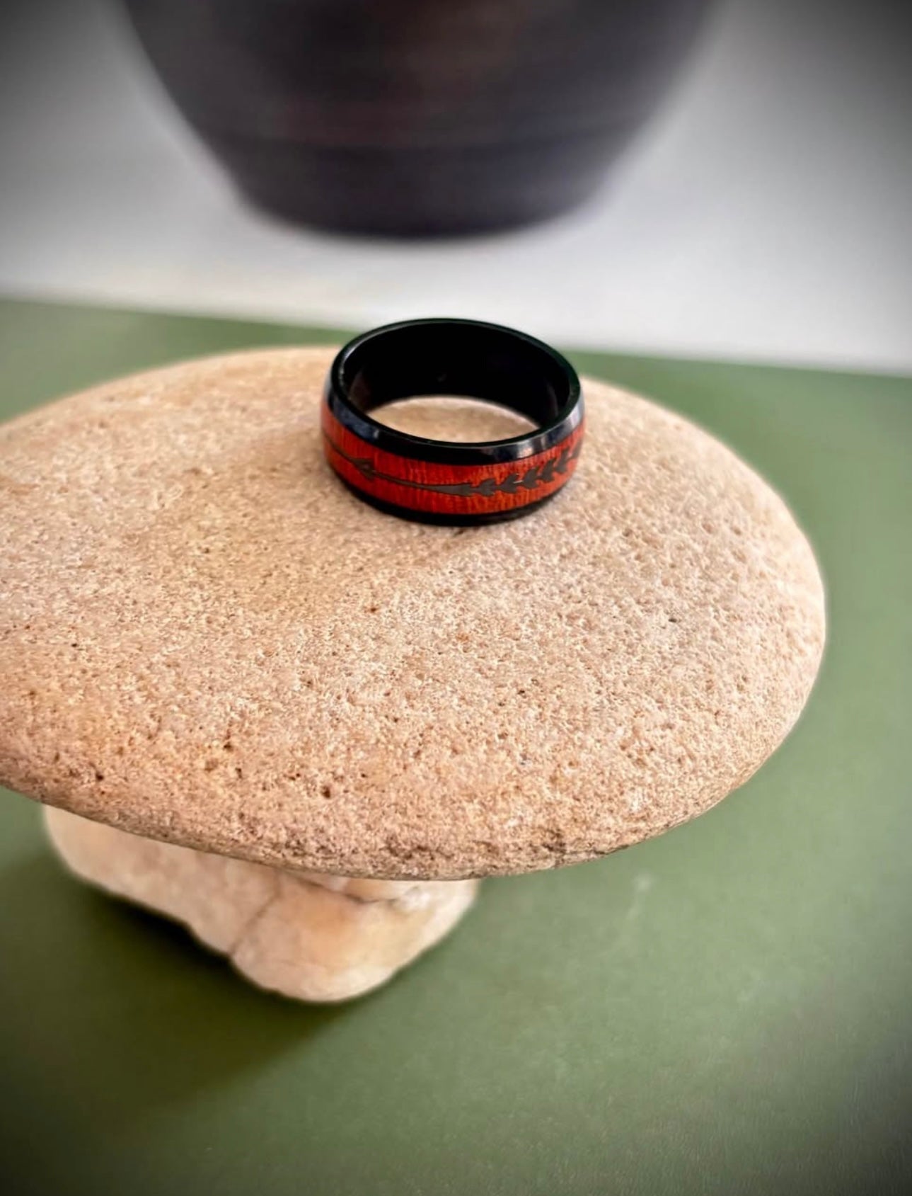 Black band ring with red wood inlay pattern