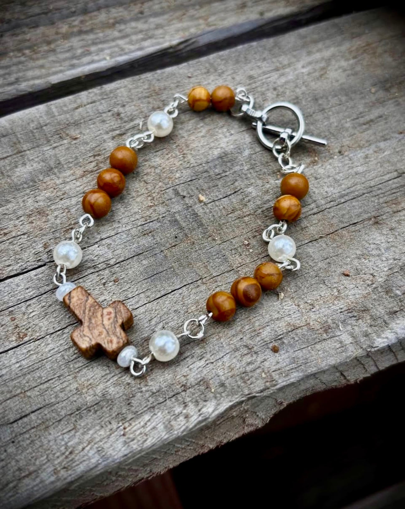 Wood grain Jasper Cross chain bracelet