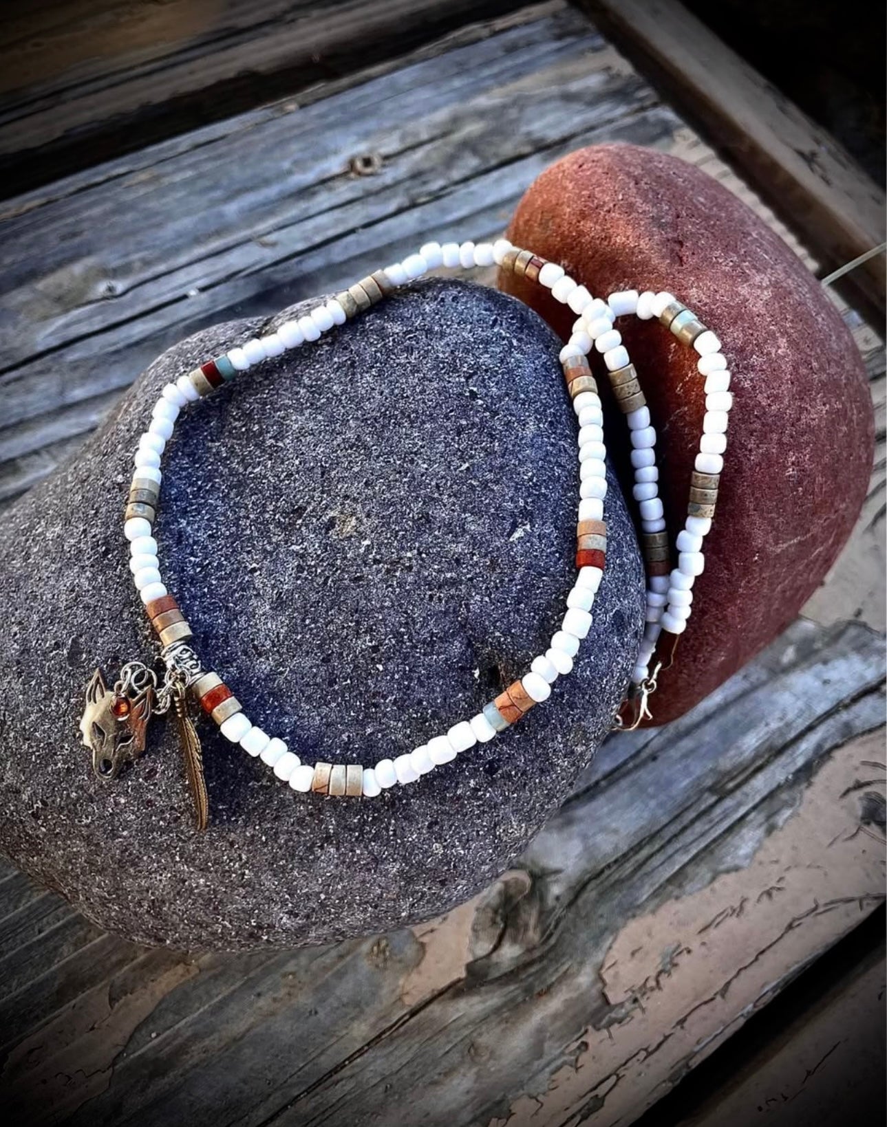 wolf/feather beaded necklace