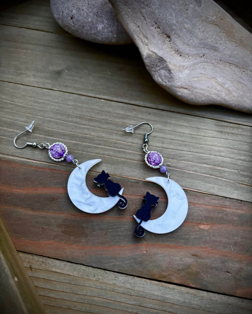 Cescent, moon, cat earrings