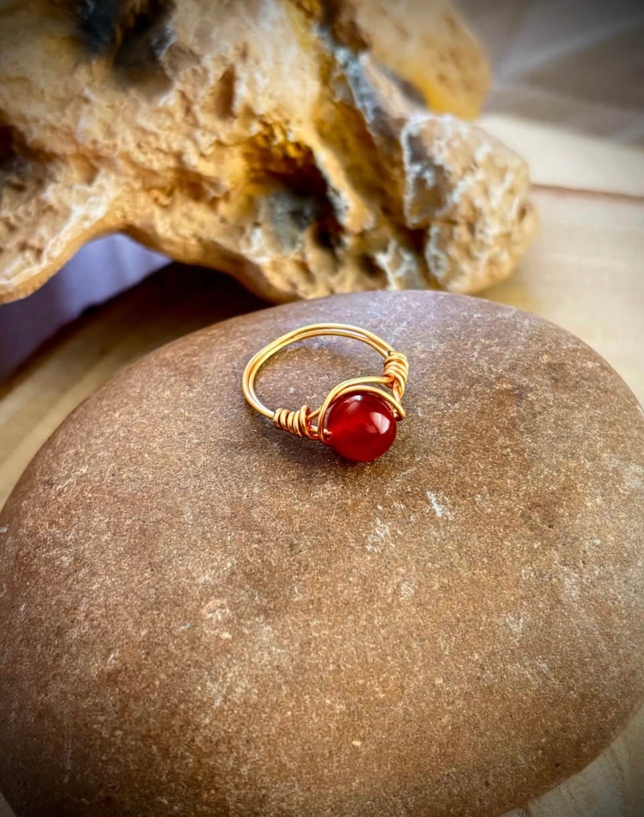 Gold Wire Wrap Ruby Red Agate Ring