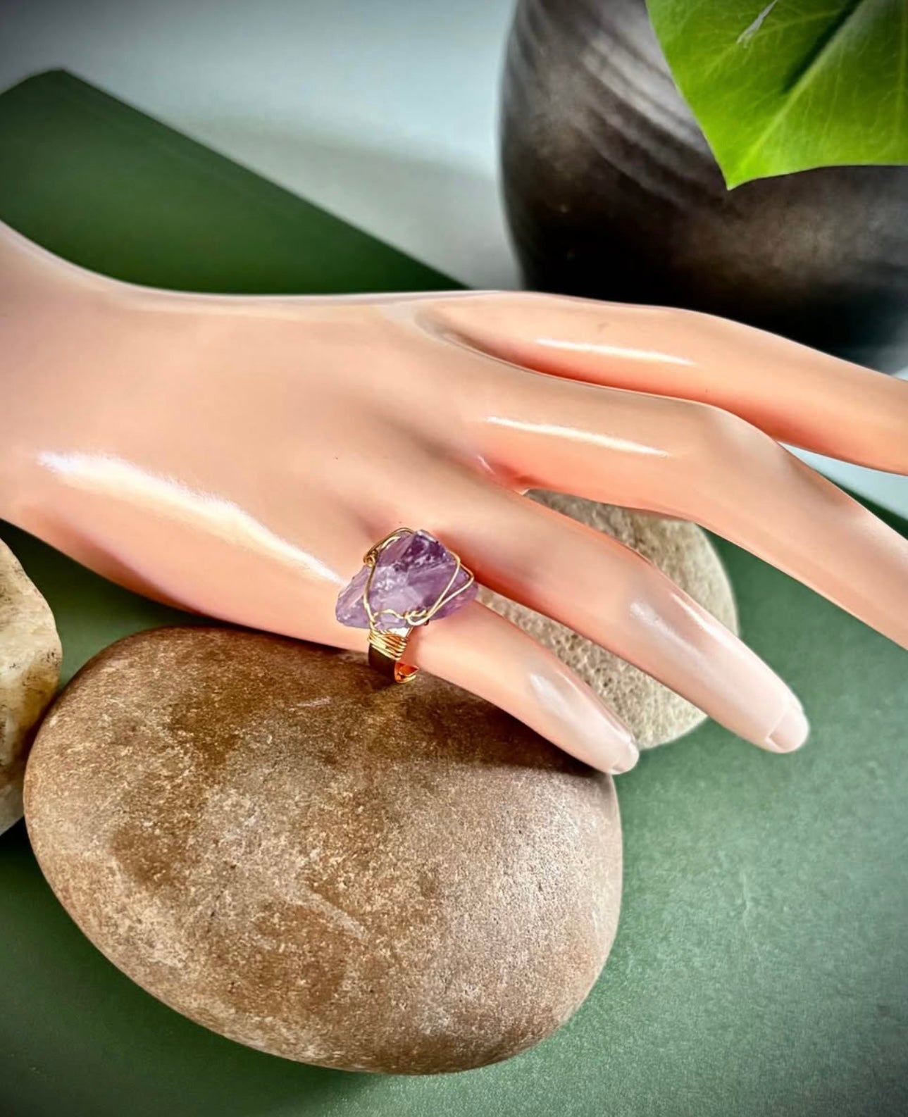 Amethyst Wire Wrap Ring Gold Tone
