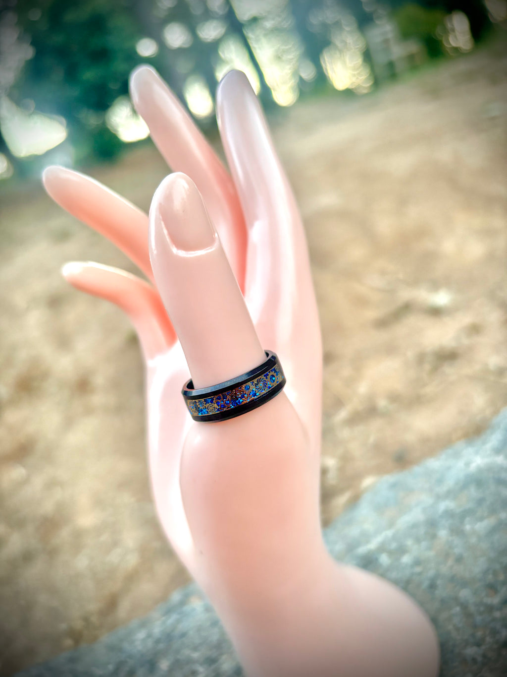 Black band ring with blue/gold inlay