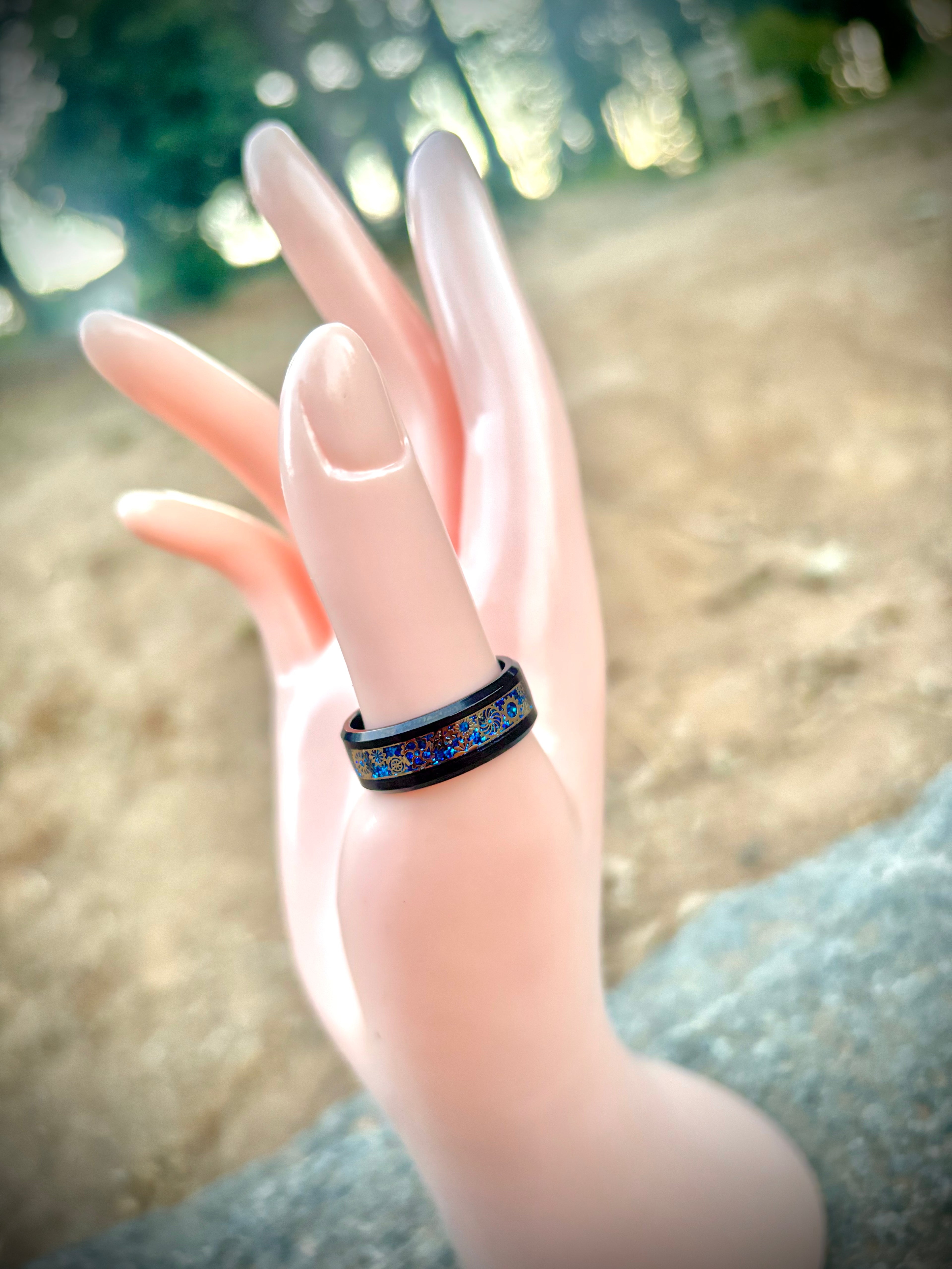 Black band ring with blue/gold inlay