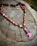Pink cats eye, crescent moon with wooden chain