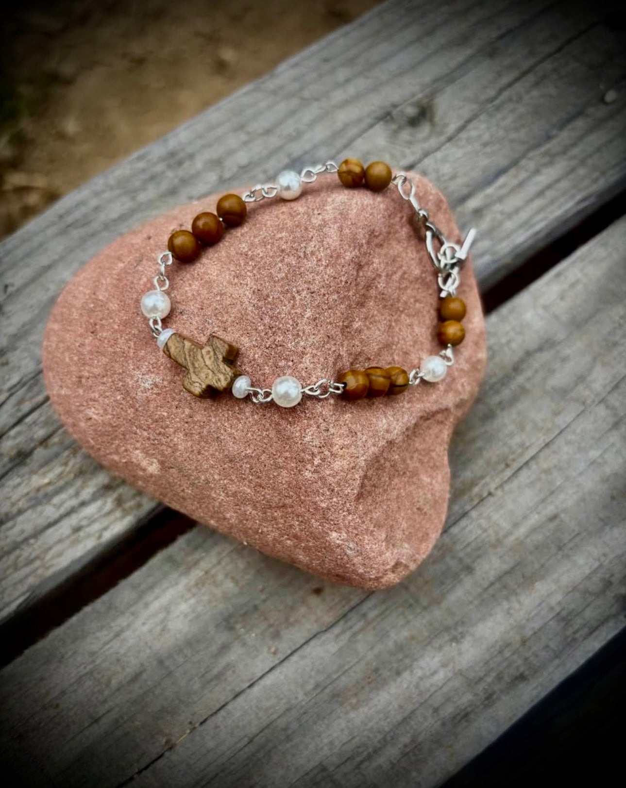 Wood grain Jasper Cross chain bracelet