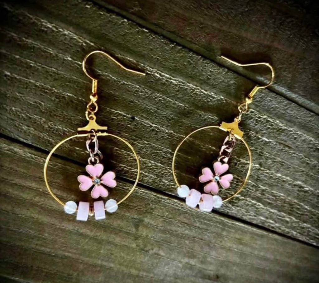 Pink clover, hoop, earrings