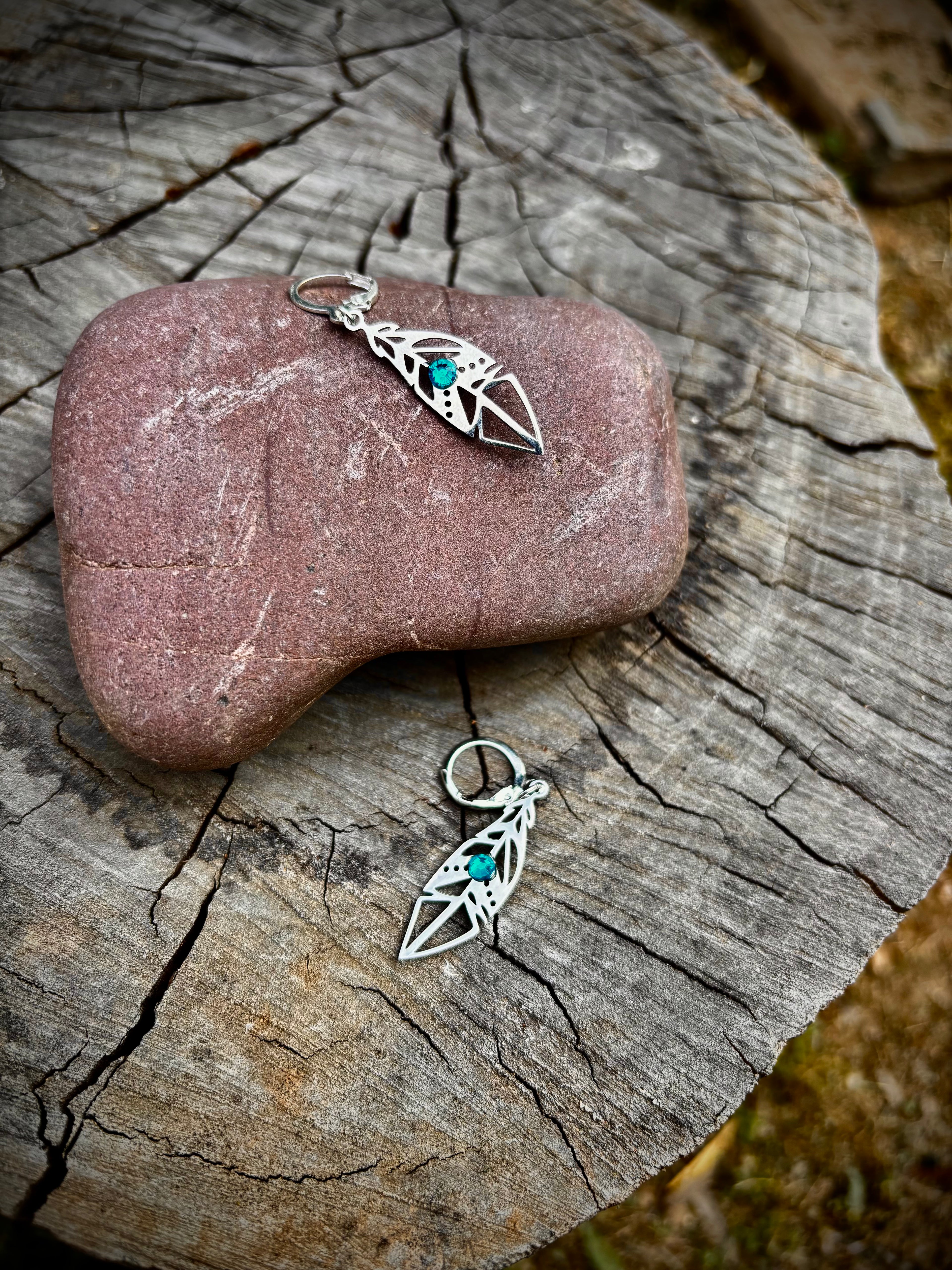 Silver Feather Turquoise Dangle Earrings
