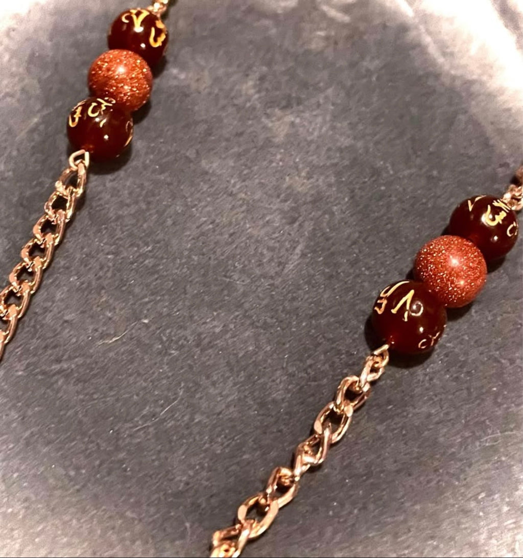 Golden sand stone Cross with coffee mantra beads, chain necklace.