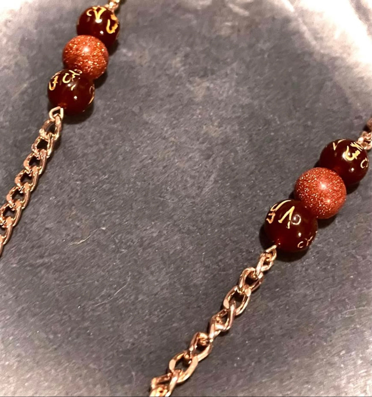Golden sand stone Cross with coffee mantra beads, chain necklace.