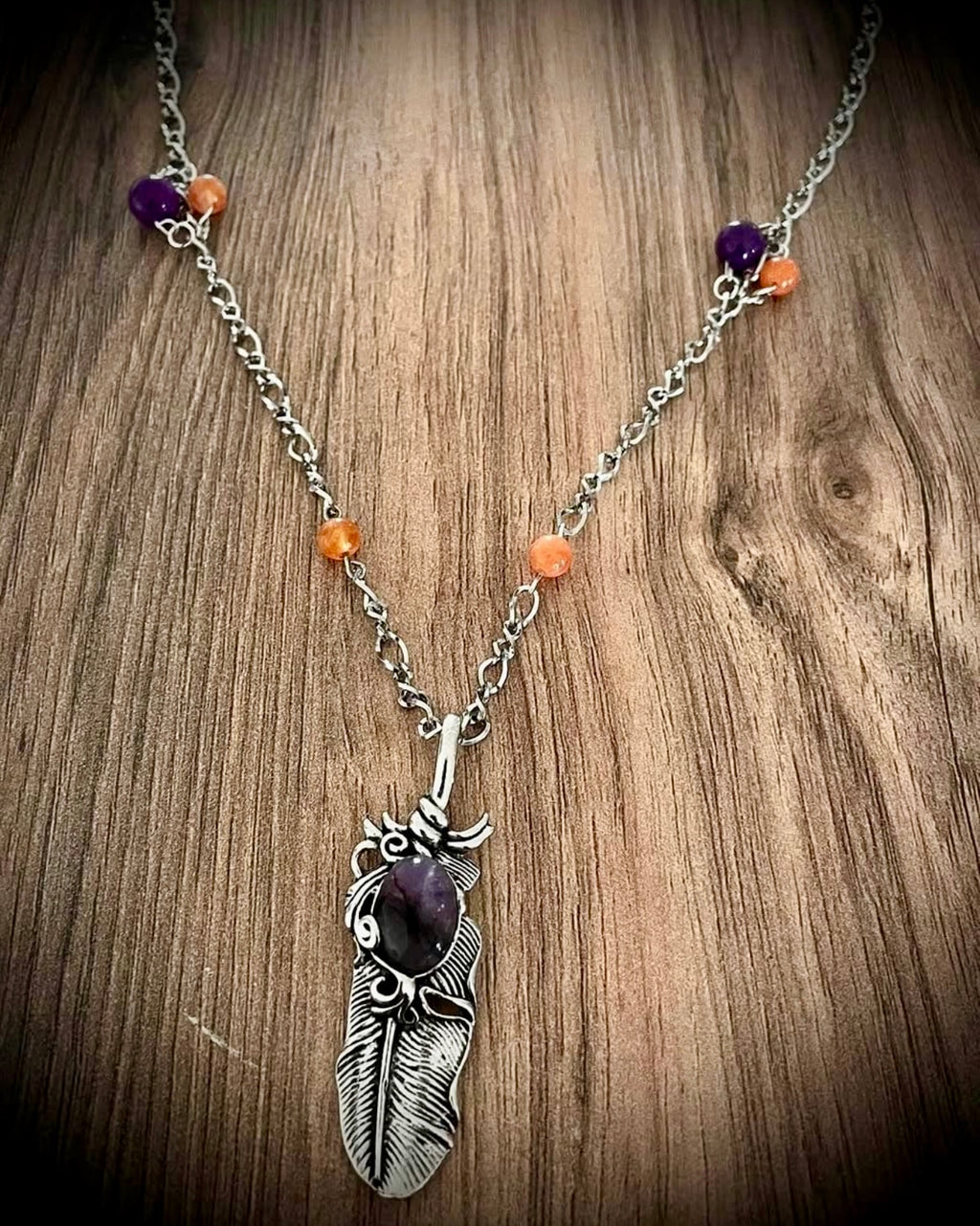 Purple, amethyst, silver platted leaf. necklace