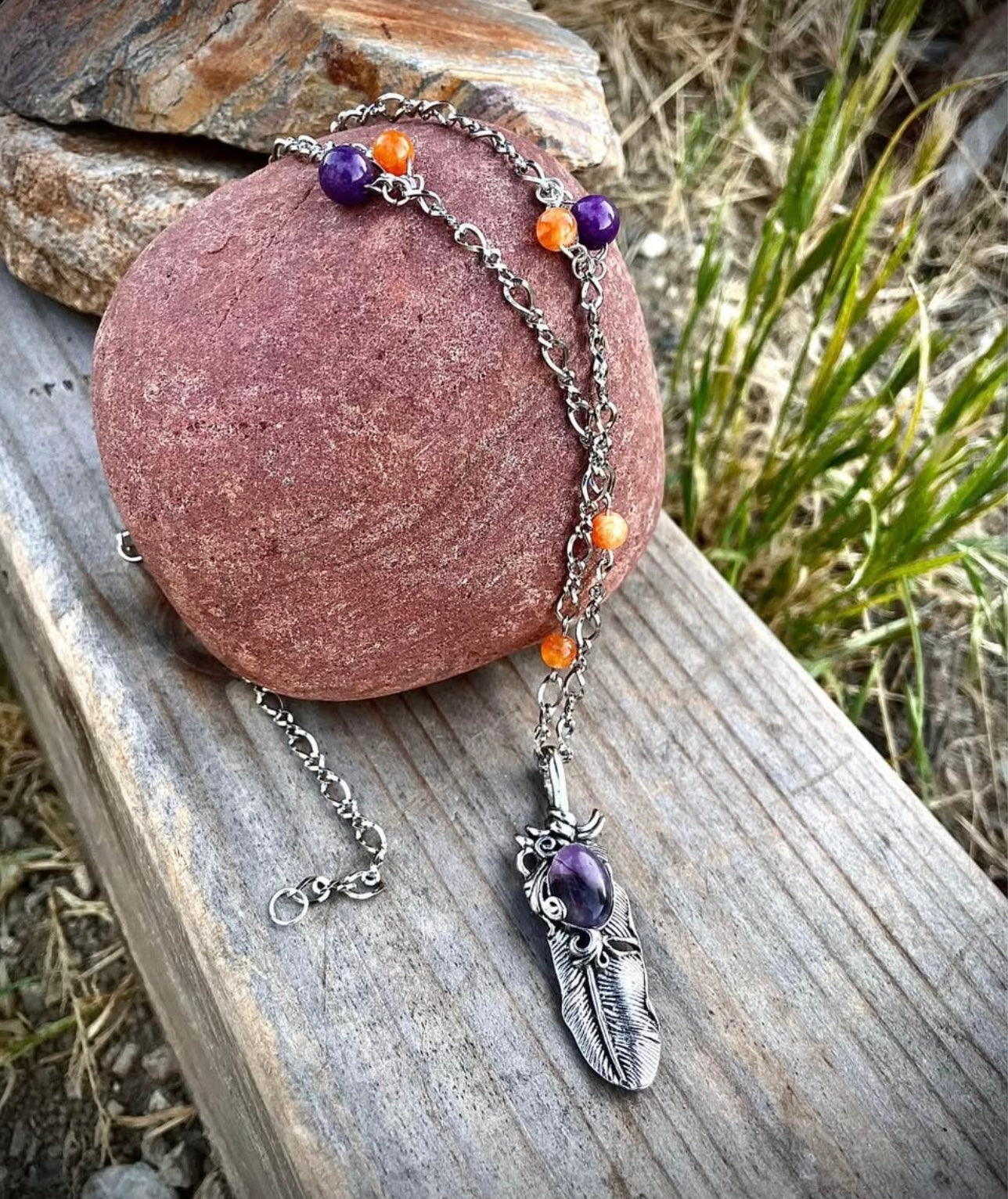 Purple, amethyst, silver platted leaf. necklace