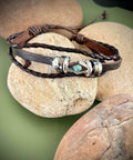 Brown leather boho bracelet with rhinestone