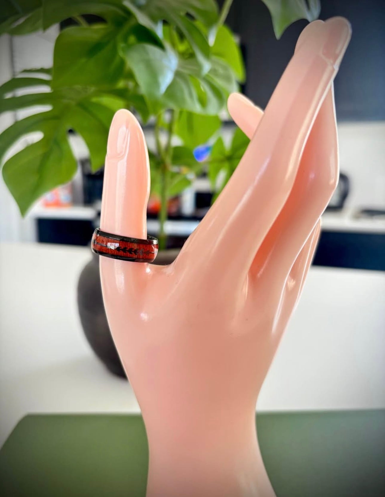 Black band ring with red wood inlay pattern