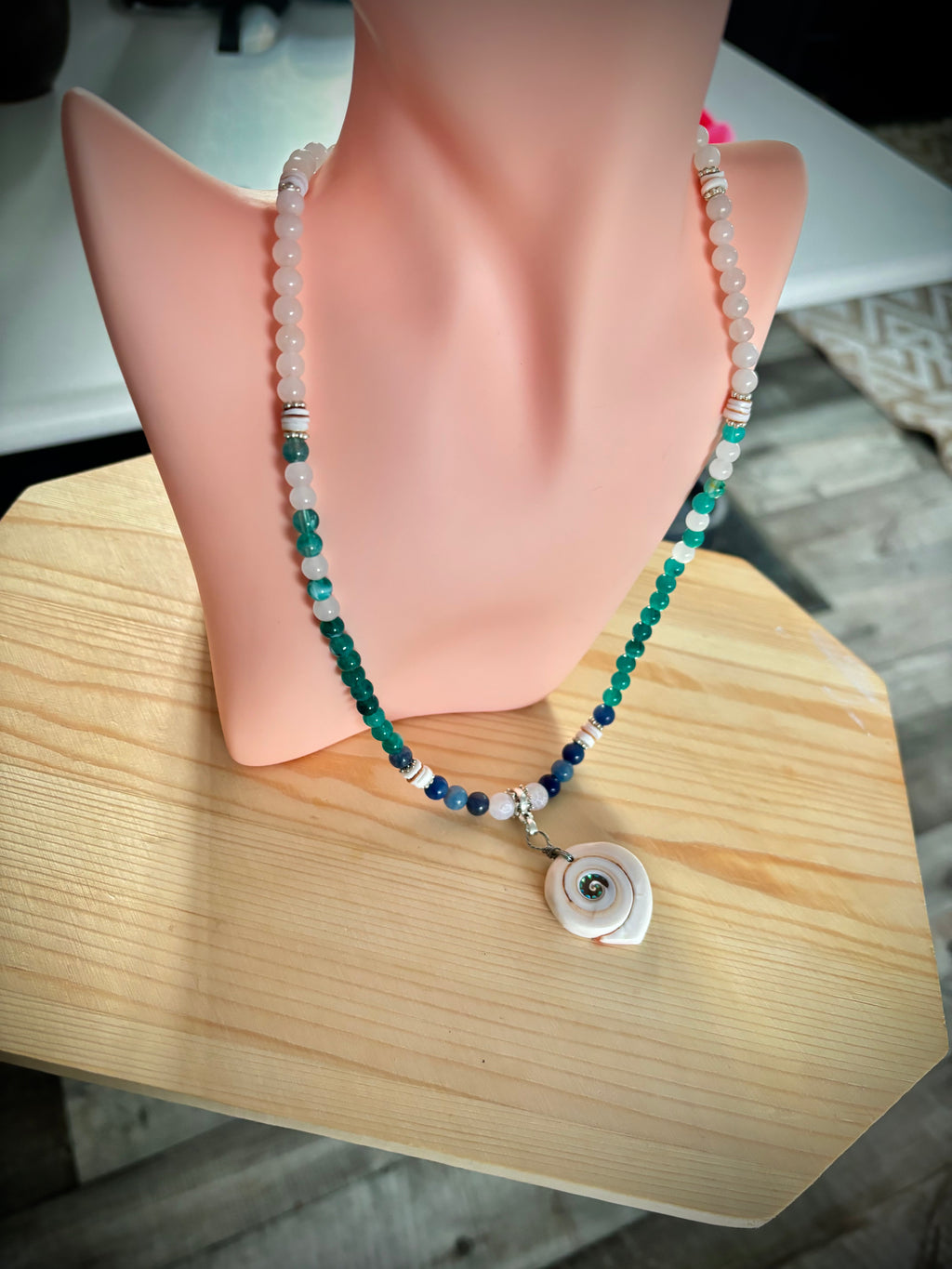 Blended blue sea glass, seashell necklace