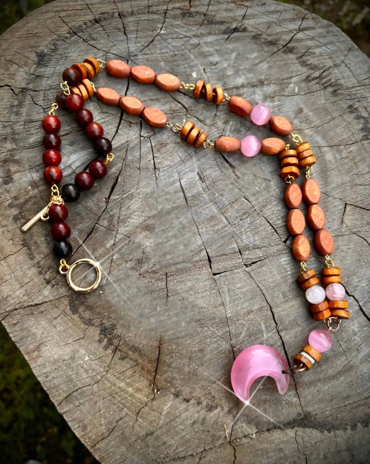 Pink cats eye, crescent moon with wooden chain