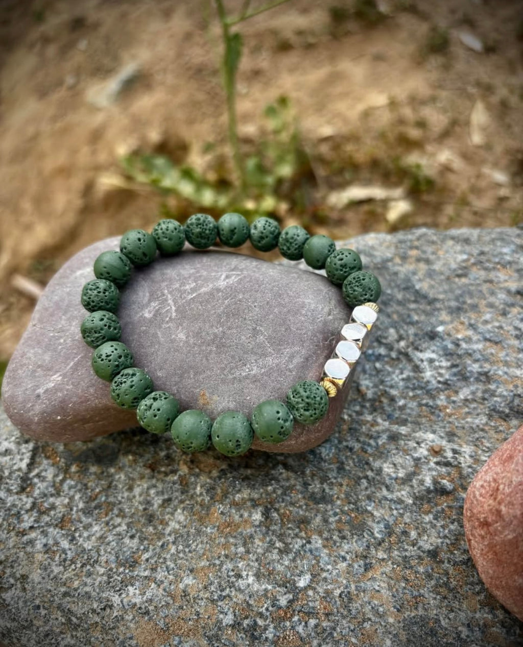 Rose Hematite, and green lava stone bracelet