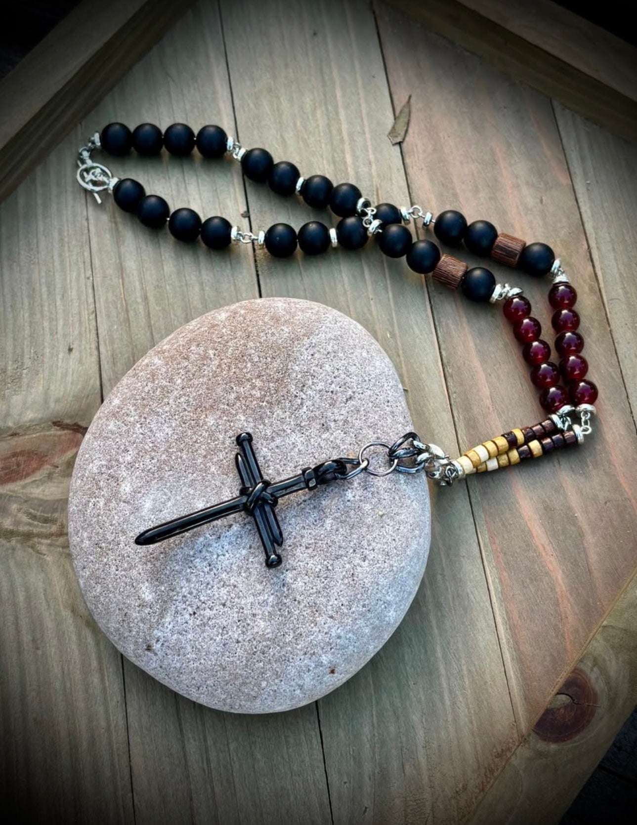 Black agate nail cross necklace