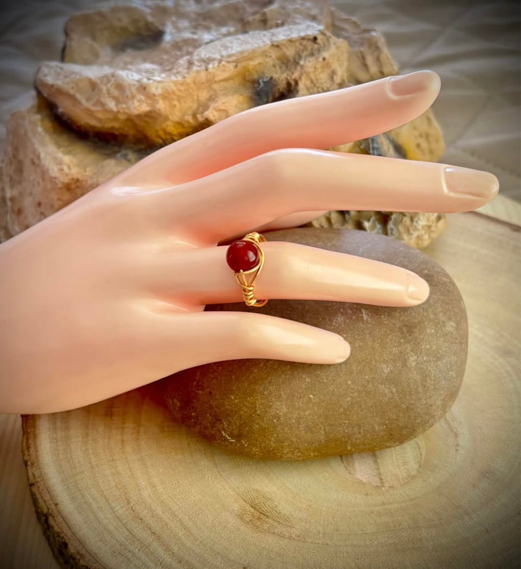 Gold Wire Wrap Ruby Red Agate Ring