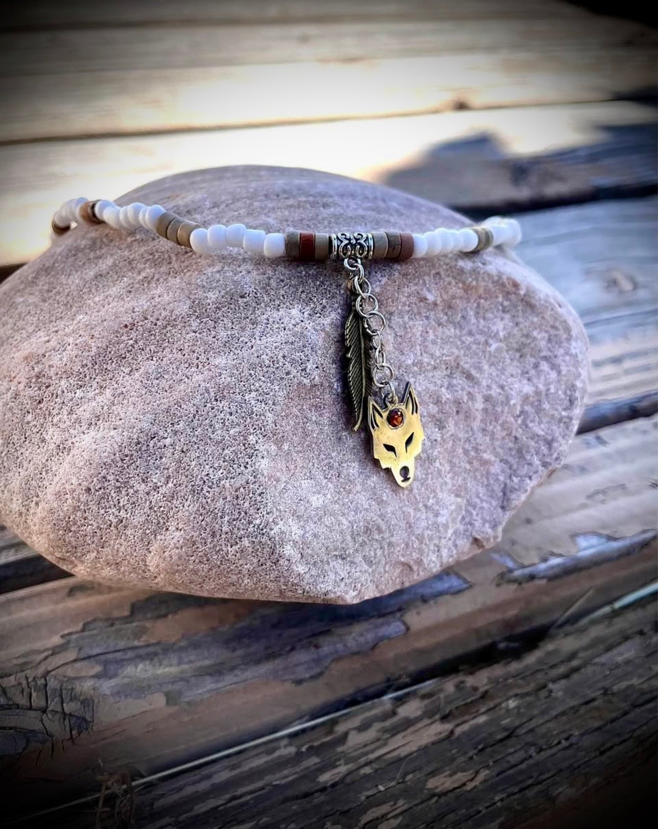 wolf/feather beaded necklace