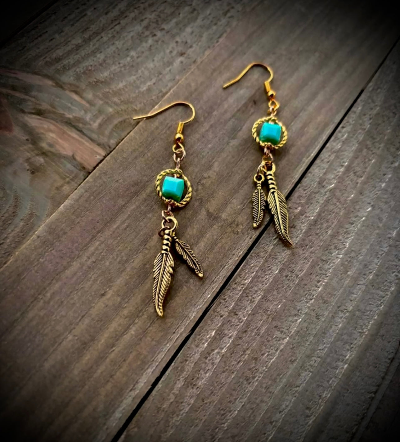 Golden double feather drops with turquoise