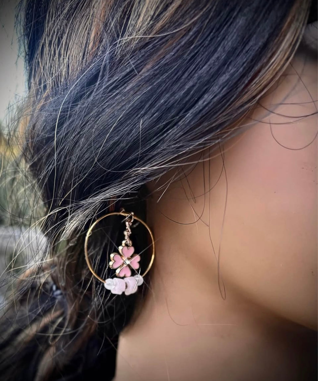 Pink clover, hoop, earrings