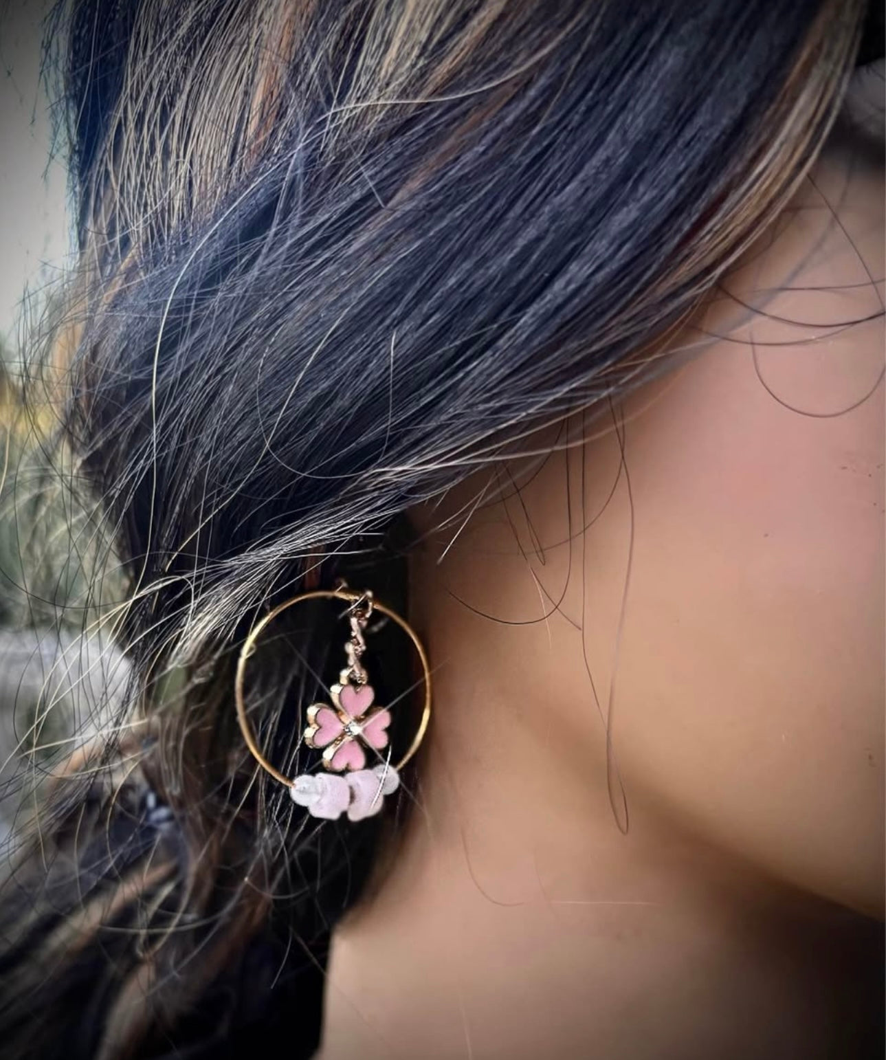 Pink clover, hoop, earrings