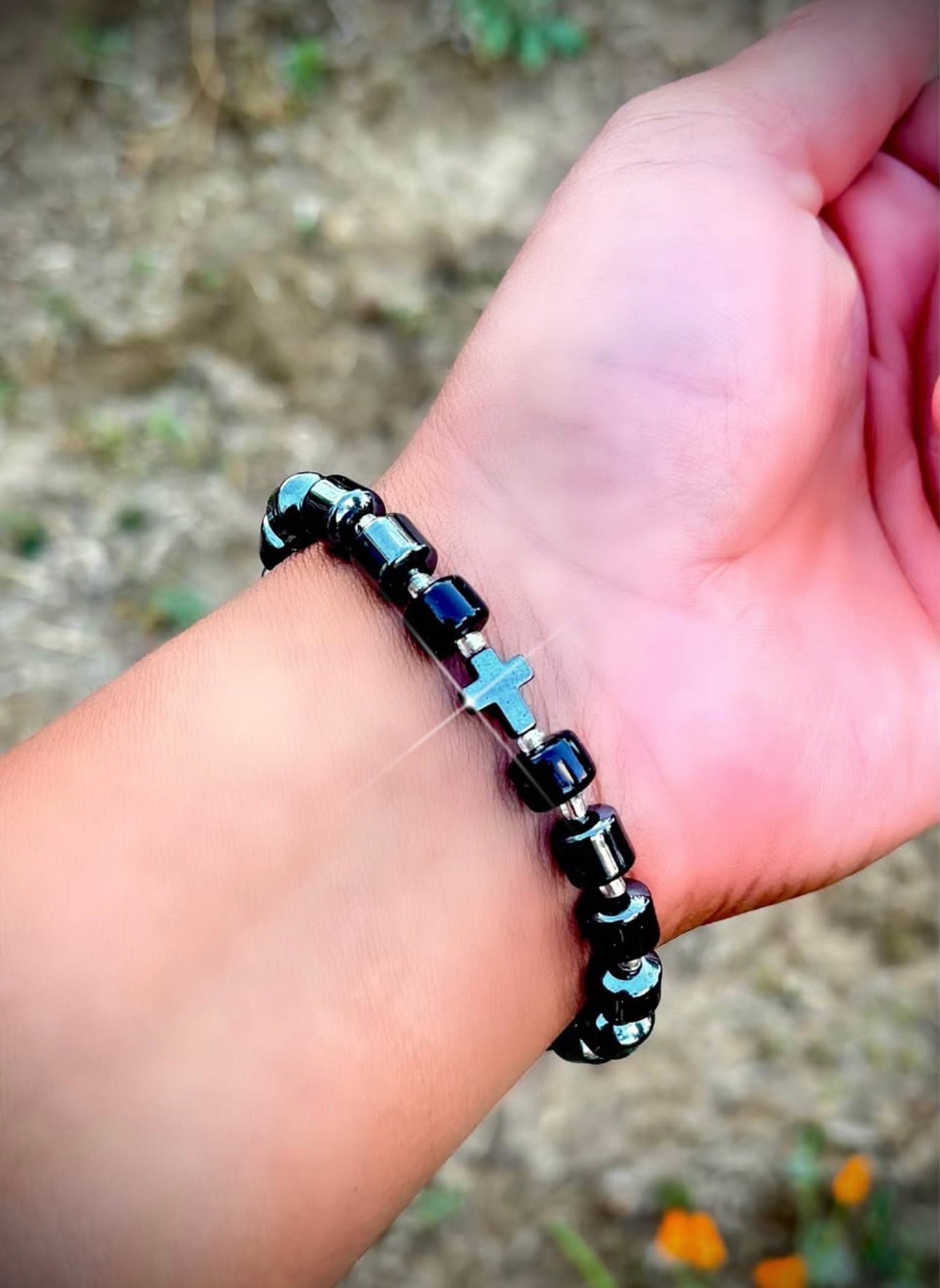 Men’s Hematite bracelet with cross