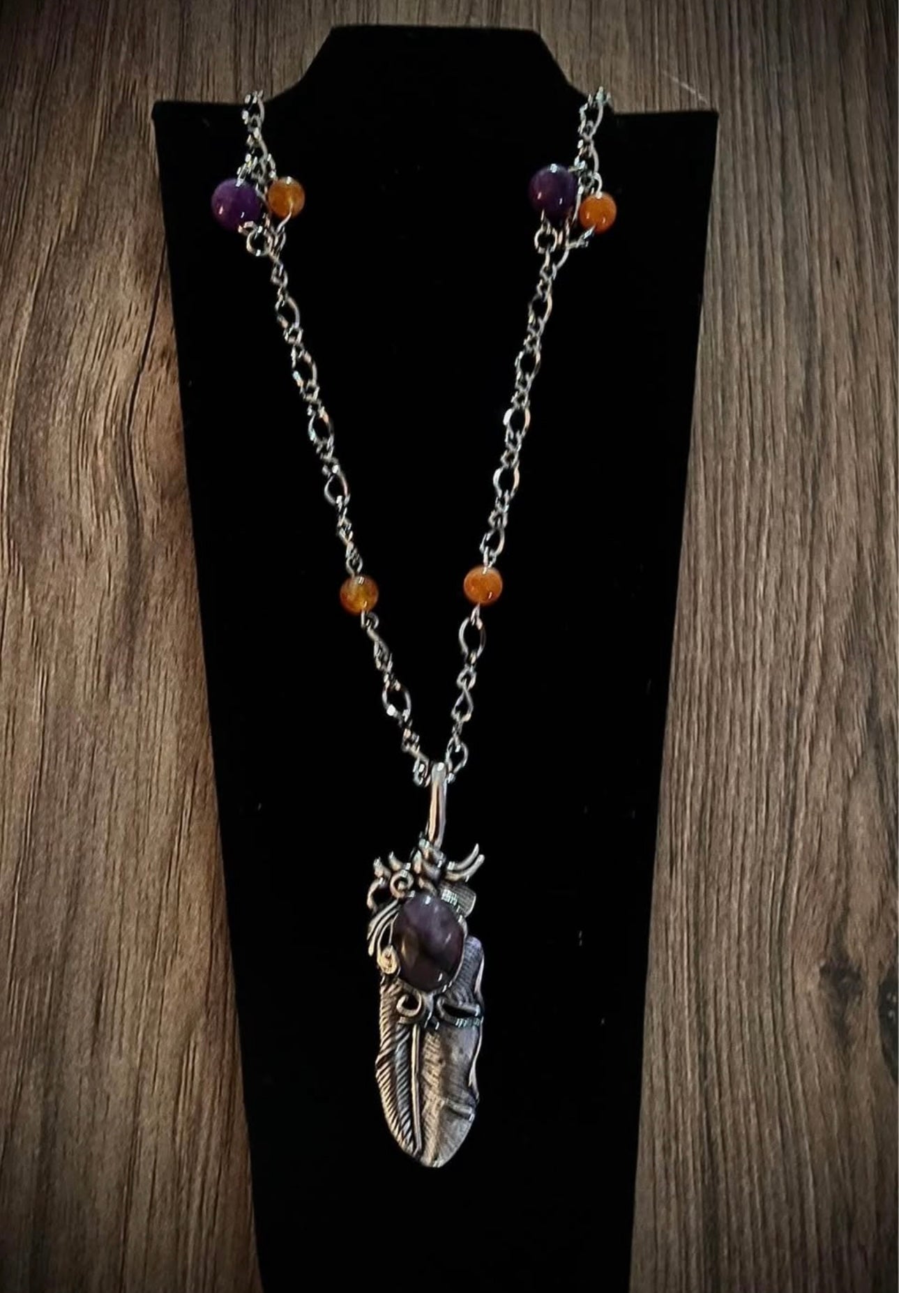 Purple, amethyst, silver platted leaf. necklace