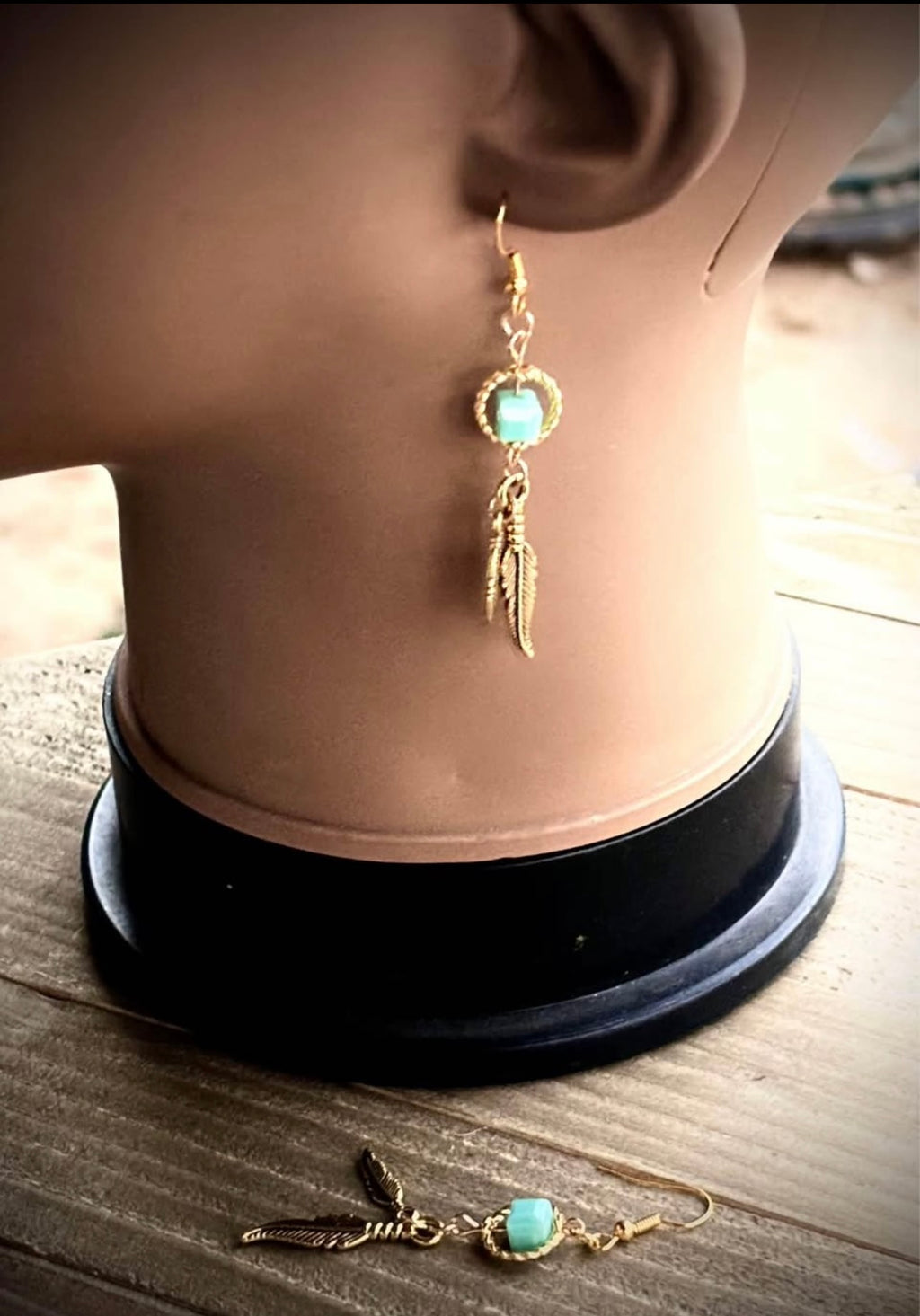 Golden double feather drops with turquoise