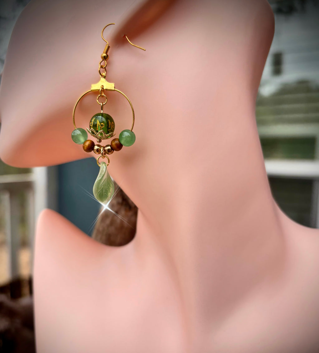 Green mantra leaf earrings