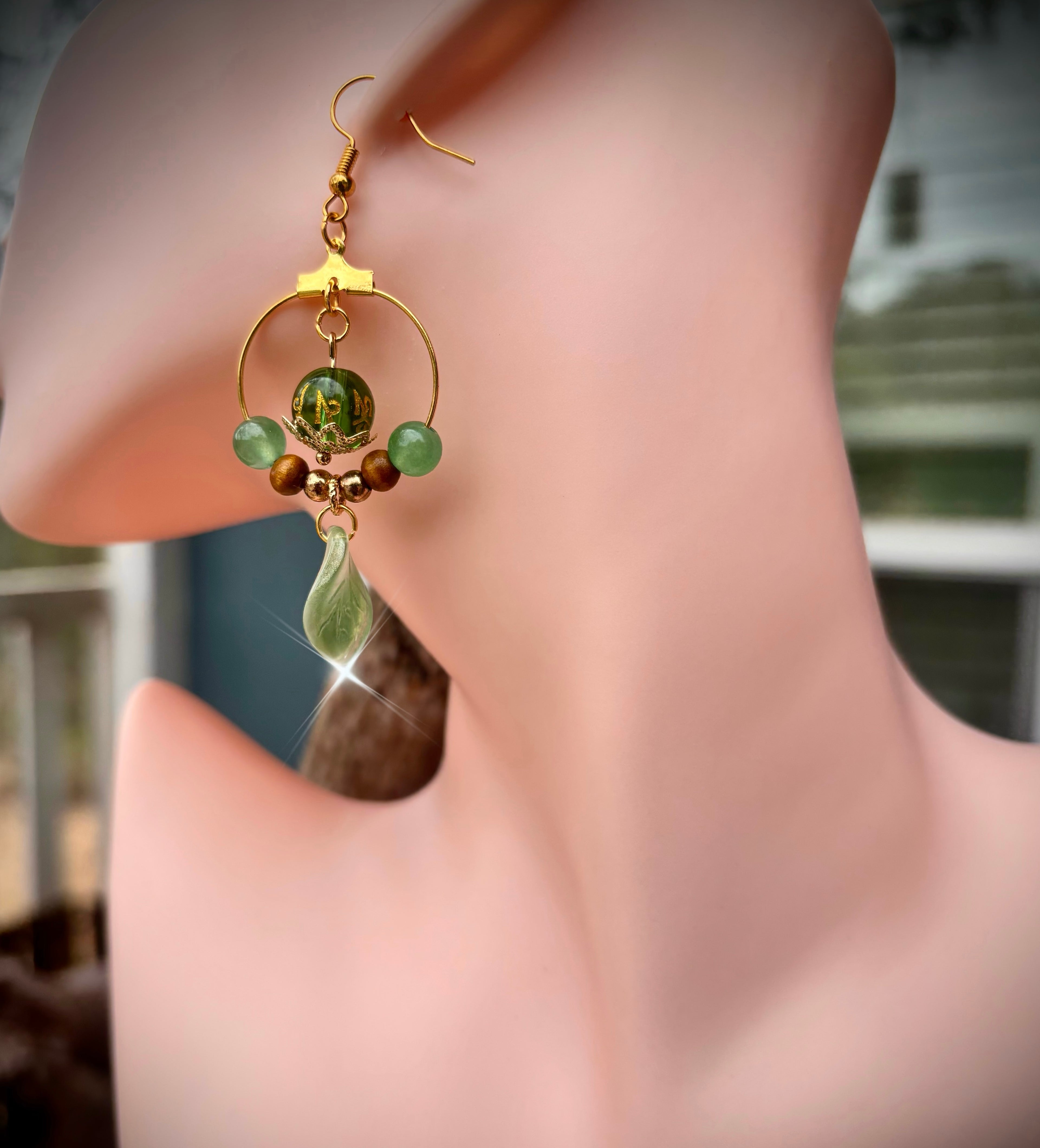 Green mantra leaf earrings