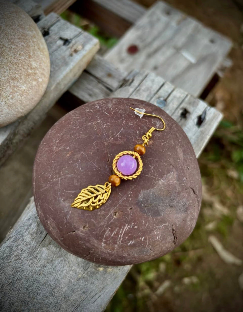 Purple stone and gold feather earrings