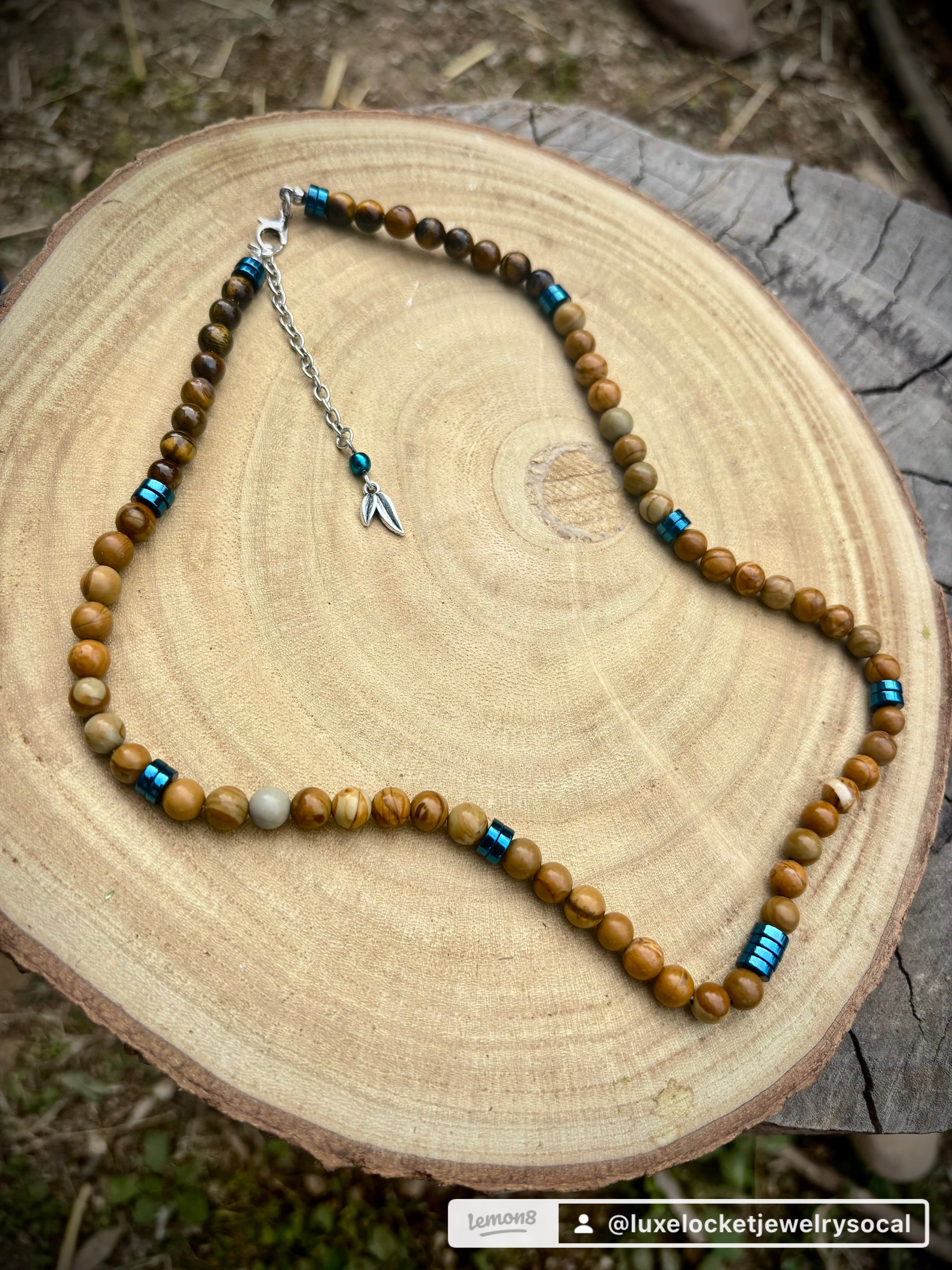 Wood grain yellow Jasper/blue hematite necklace