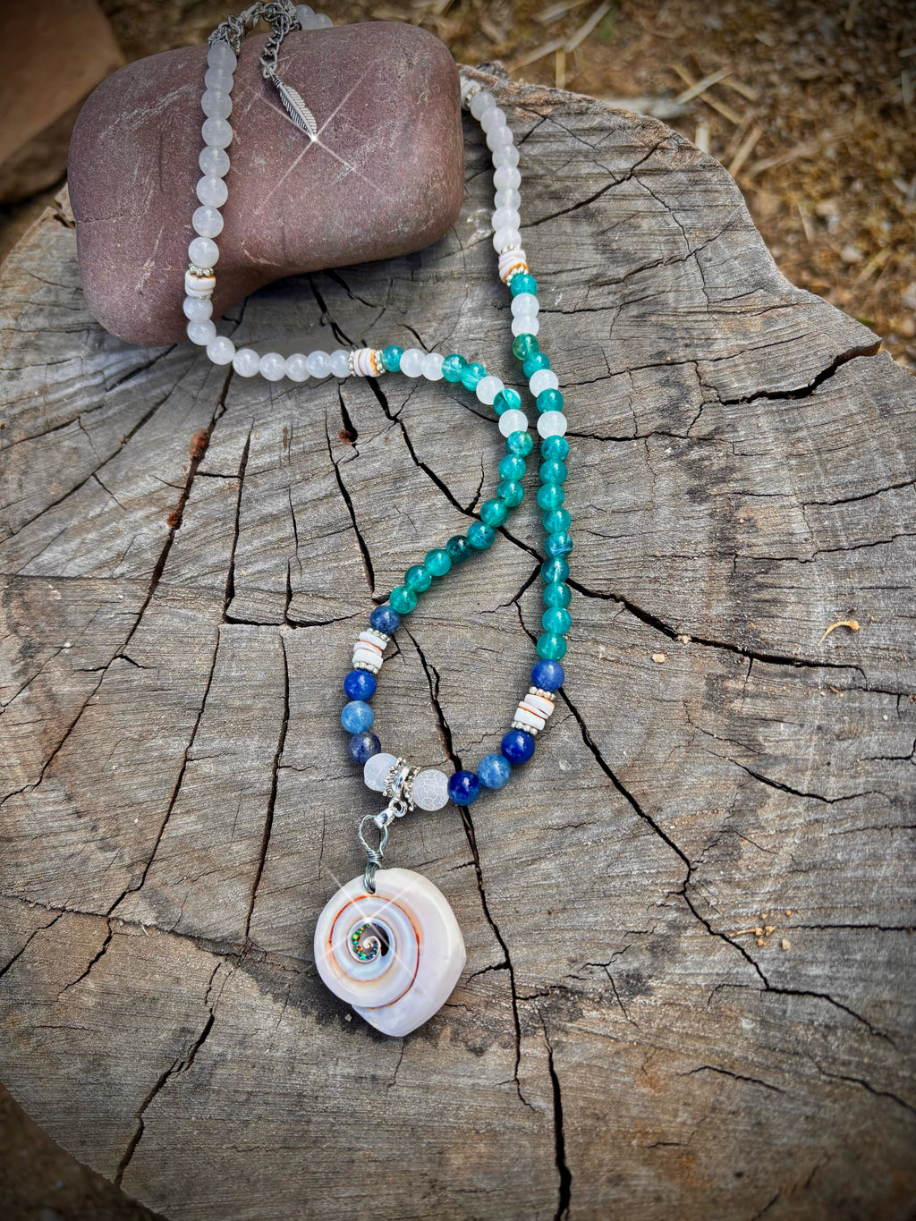 Blended blue sea glass, seashell necklace