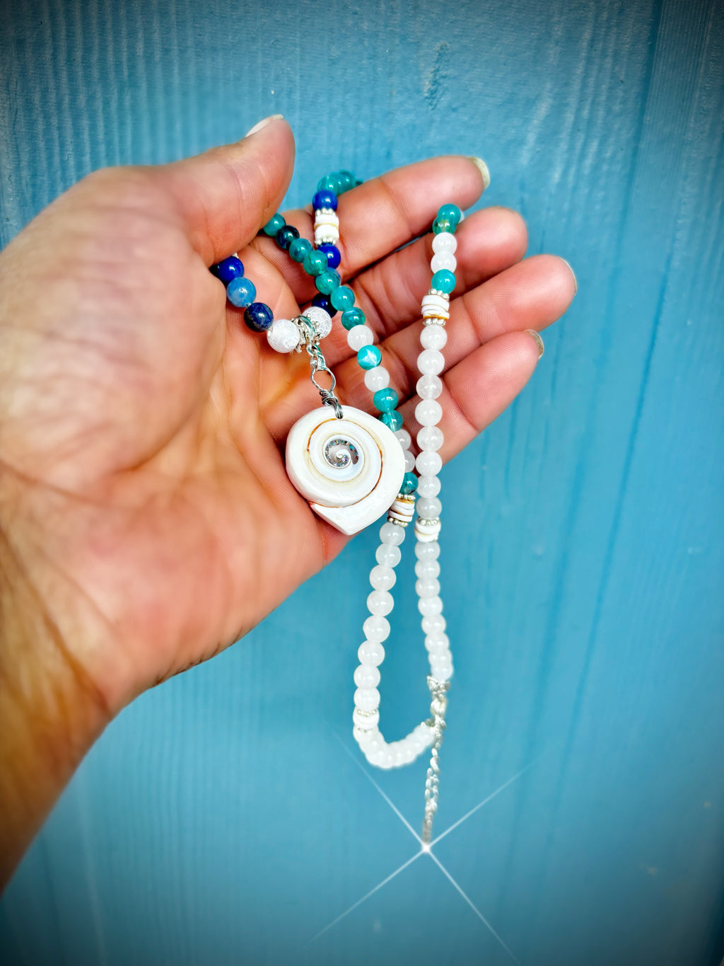 Blended blue sea glass, seashell necklace