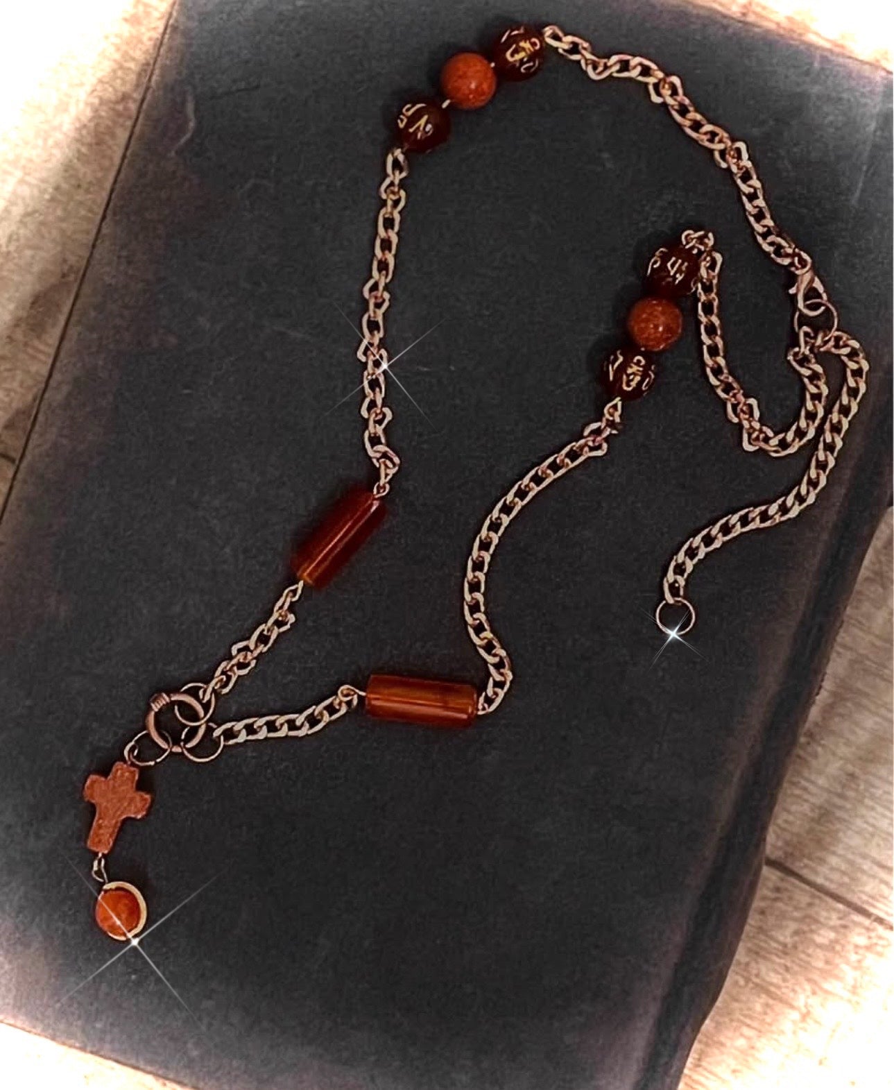 Golden sand stone Cross with coffee mantra beads, chain necklace.