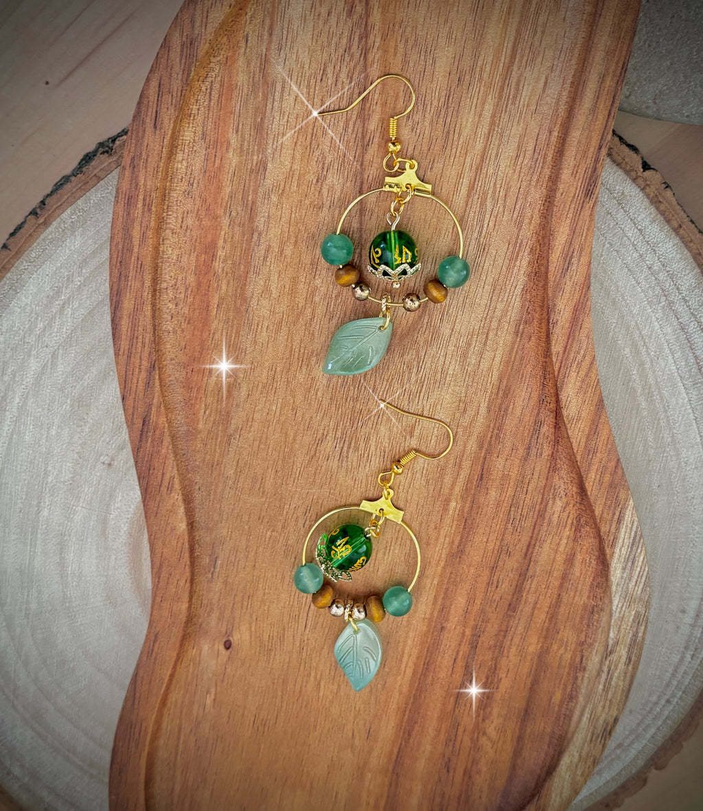 Green mantra leaf earrings