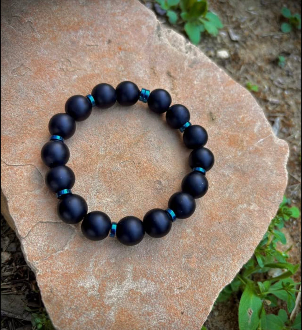 Men’s black matte bracelet with blue hematite