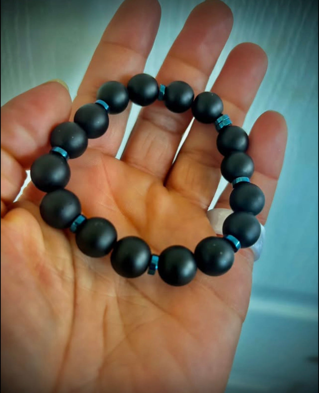 Men’s black matte bracelet with blue hematite